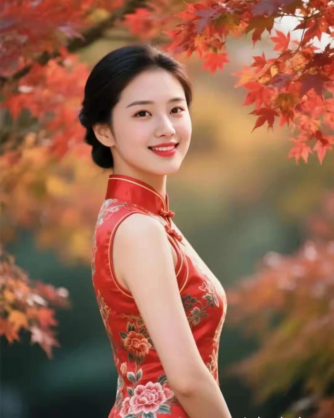 东方佳丽，旗袍雅韵。
历史悠久，百年传承。
红枫叶下，彩色旗袍。
千种妩媚，万般