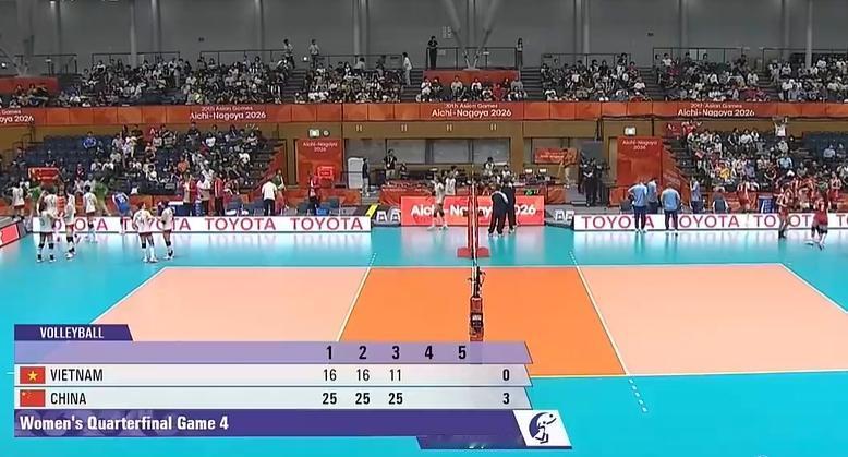 亚运会女排1/4决赛战况：
中国3-0完胜越南（25/16、25/16、25/1