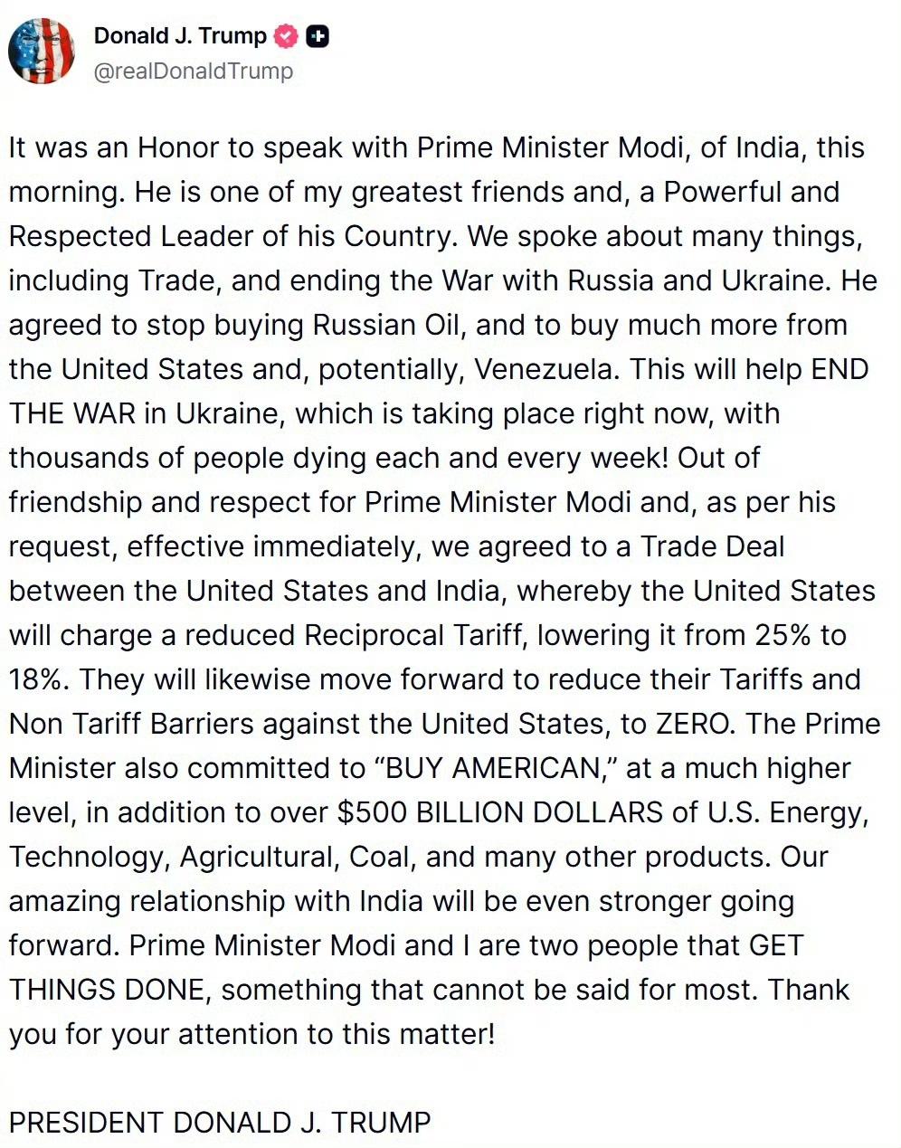 美印关税大战，印度认怂？

美国总统特朗普宣布：美国和印度达成贸易协议，莫迪同意