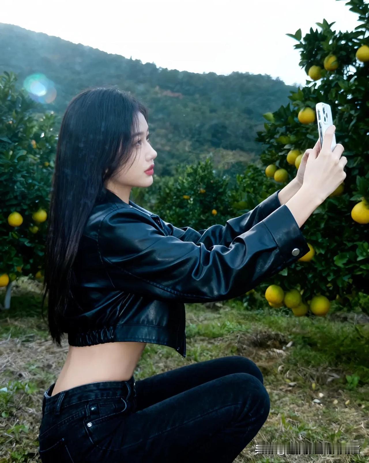 在橘子园里自拍，青春与自然的完美结合！🍊📸