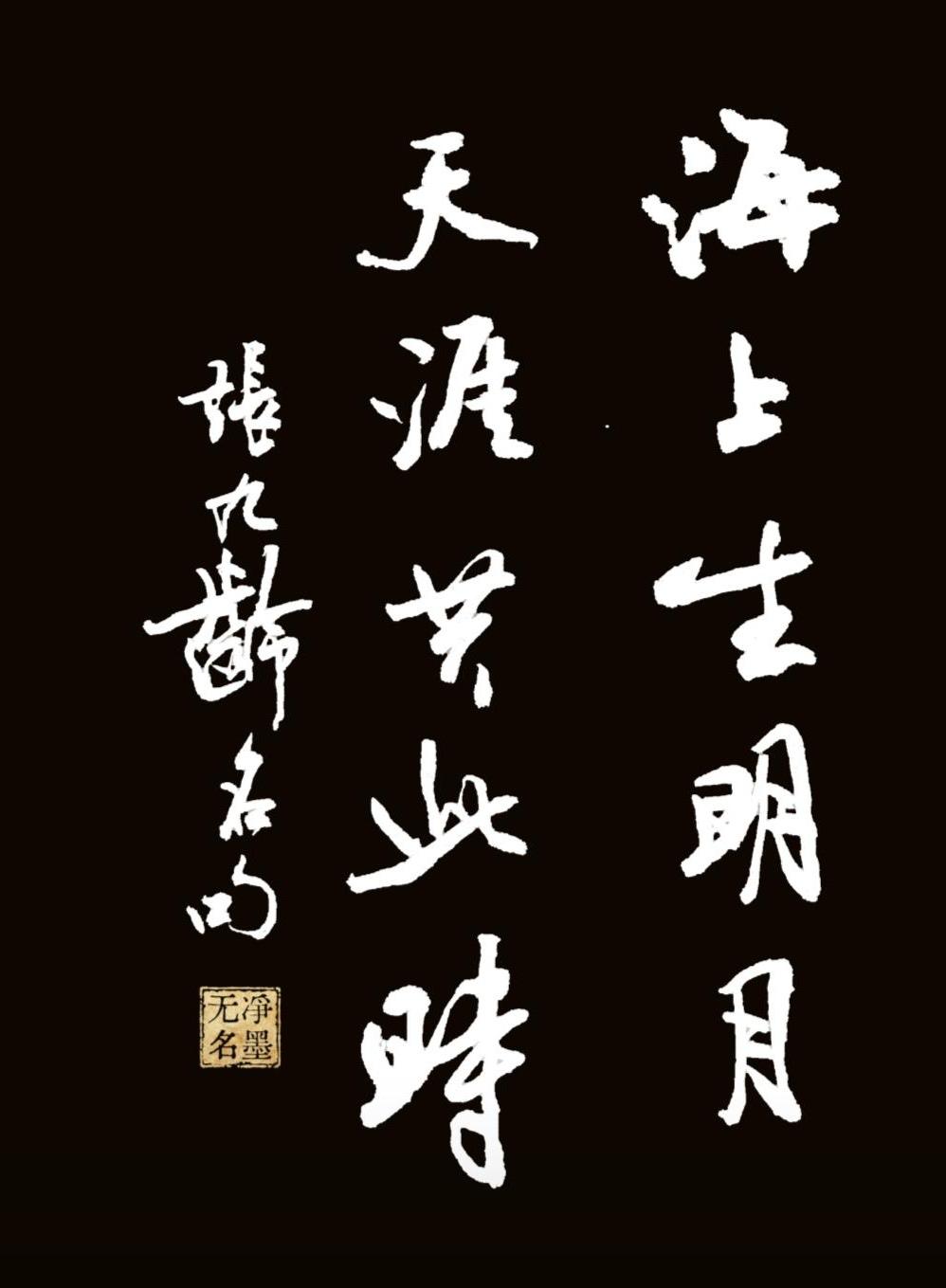 📖 文字与出处
释文（竖排从右至左）：
海上生明月
天涯共此时
左侧小字落款：