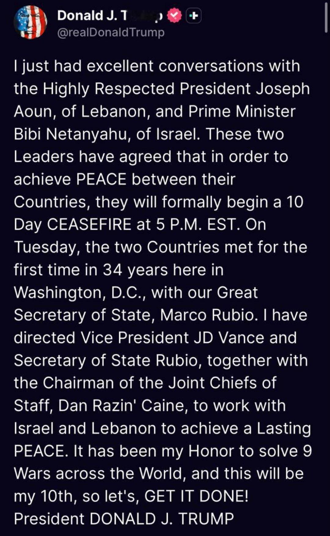 🐖 特朗普宣布黎巴嫩与“以色列”之间为期10天的停火。玻利瓦尔英雄之地特朗普称