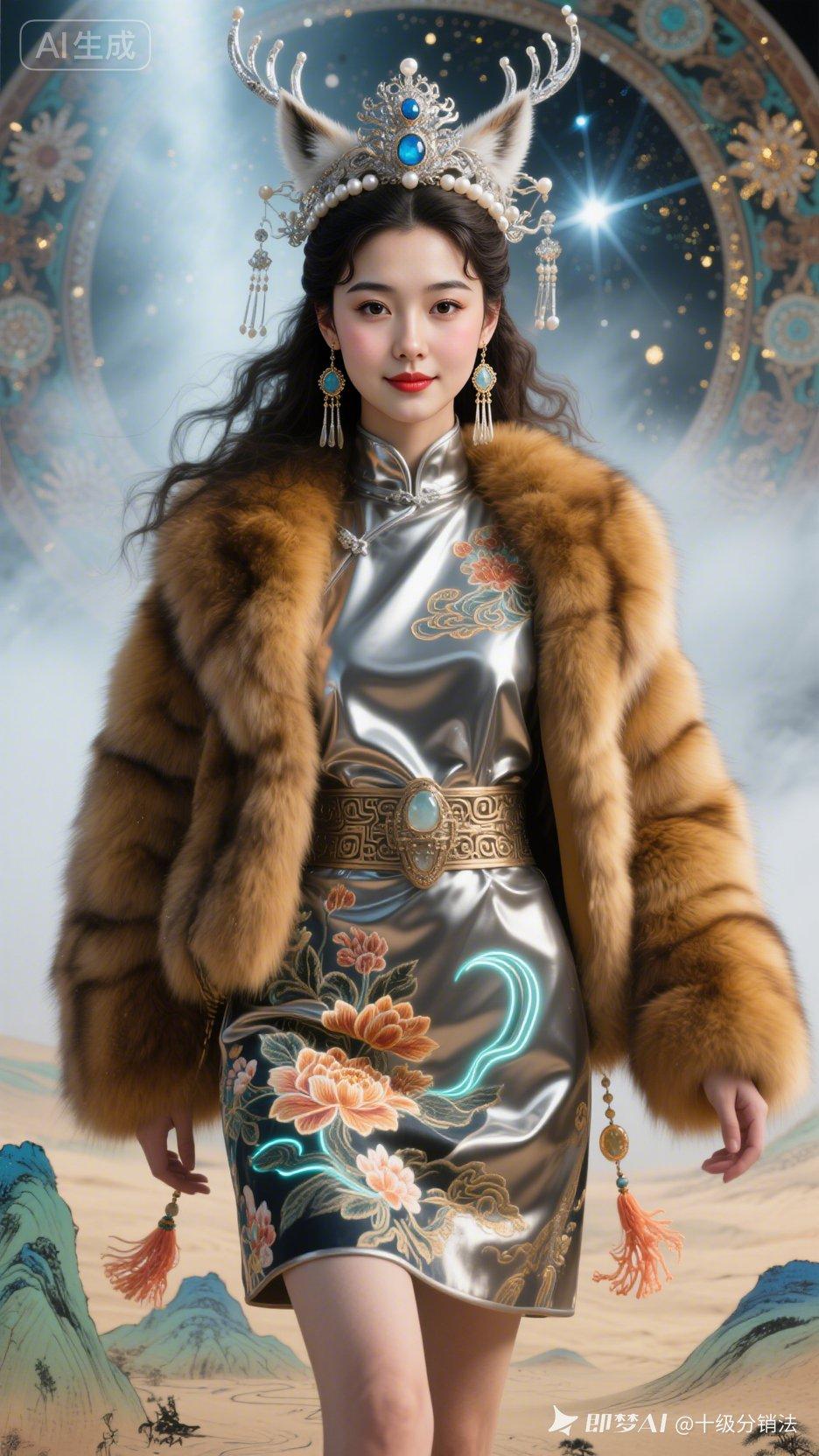 梦幻森林中的东方仙子，华丽服饰与自然背景的完美融合。