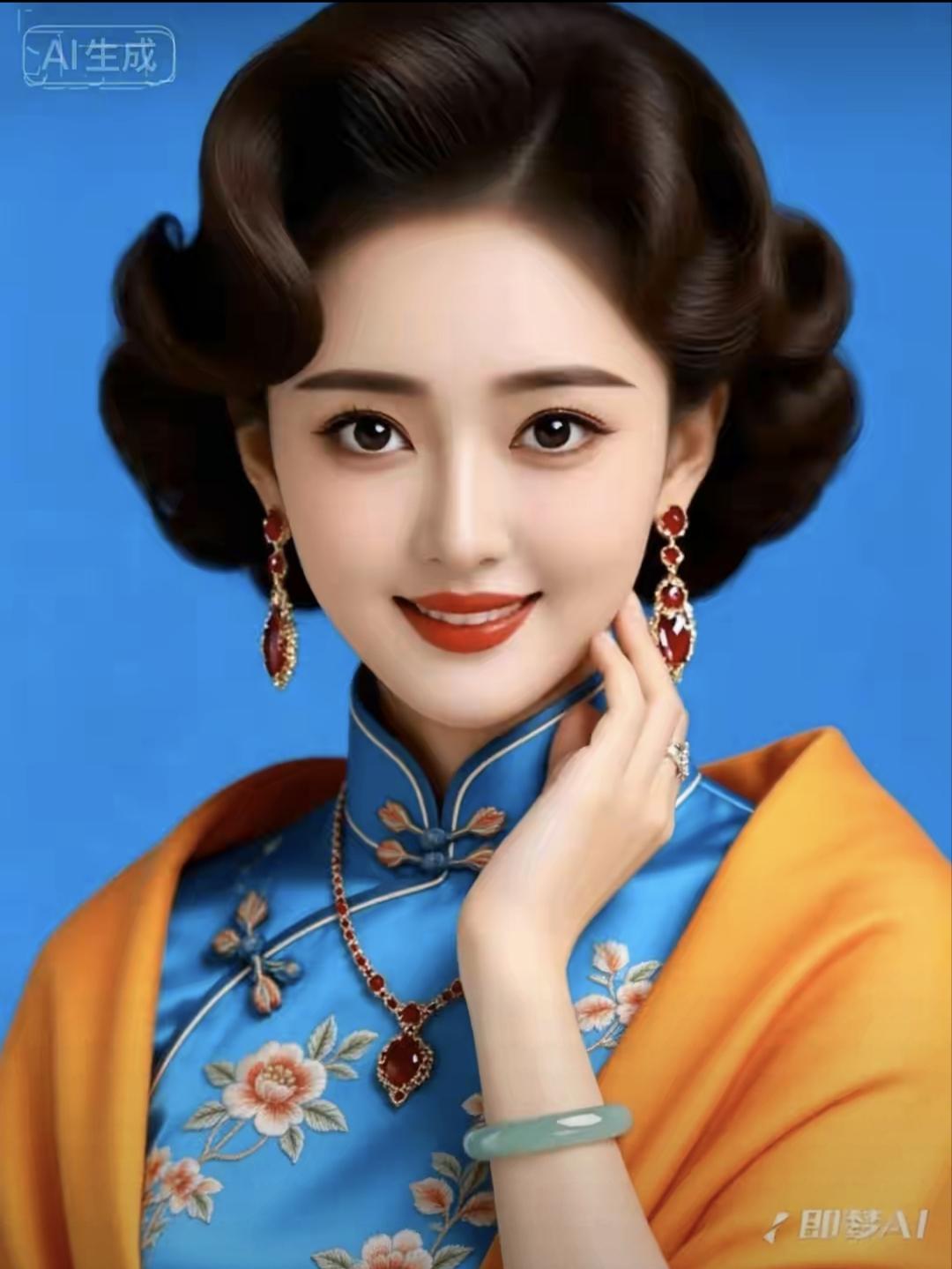 民国名媛
黛眉含韵卷藏香，
湖蓝橙黄映晓光。
复刻民国优雅态，
宛如名媛韵悠长。