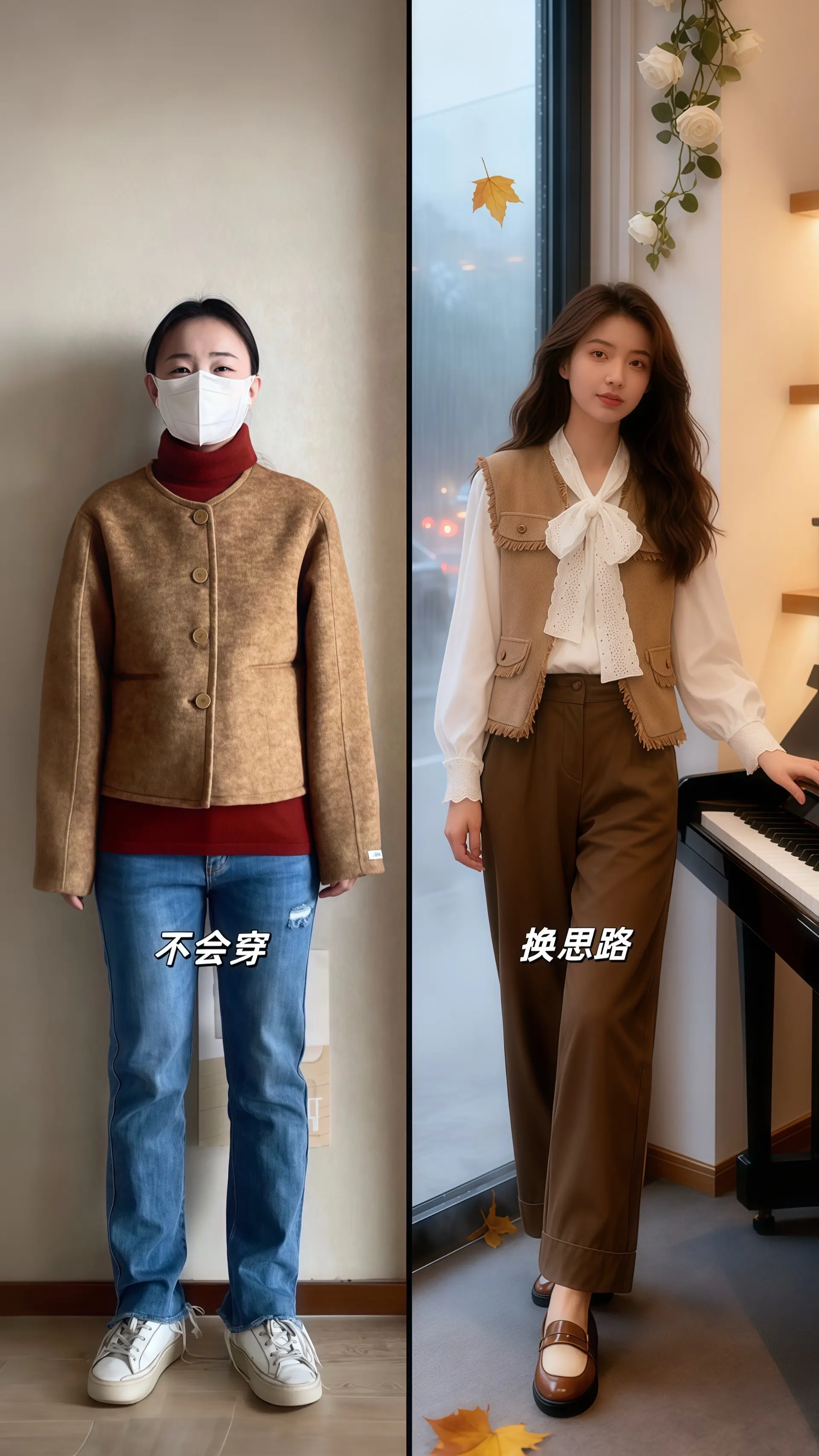 她穿着高级感小香风马甲三件套，流苏边的驼色马甲与蕾丝白衬衫、阔腿裤的组...