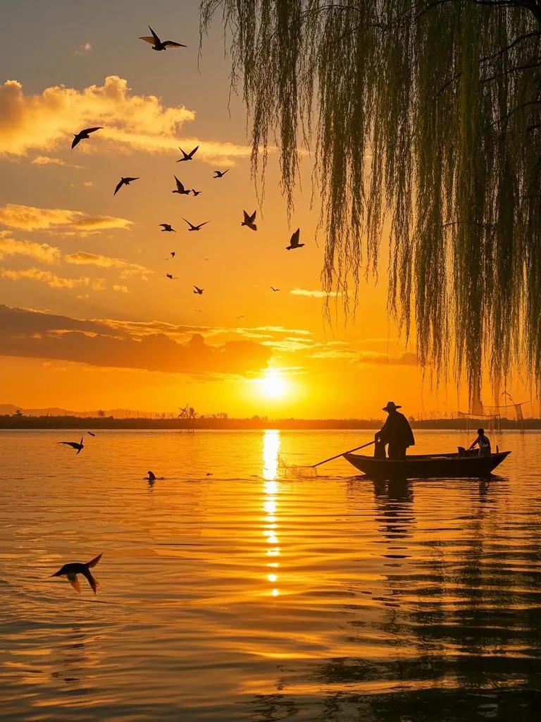 巢湖夕阳时分，湖内小岛镶金，水中光影交错；天上云霞飞舞，归鸟相伴夕阳；岸边山水如