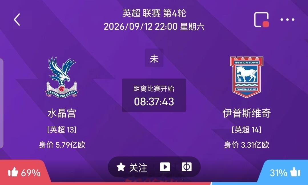 【足球】周六015英超联赛方向：水晶宫vs伊普斯维奇英超：水晶宫VS伊普斯维奇时