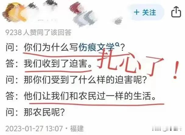 网友说，所谓的“伤痕文学”，就是酸儒的矫情，以点带面脱离现实，在光明中寻找黑暗，