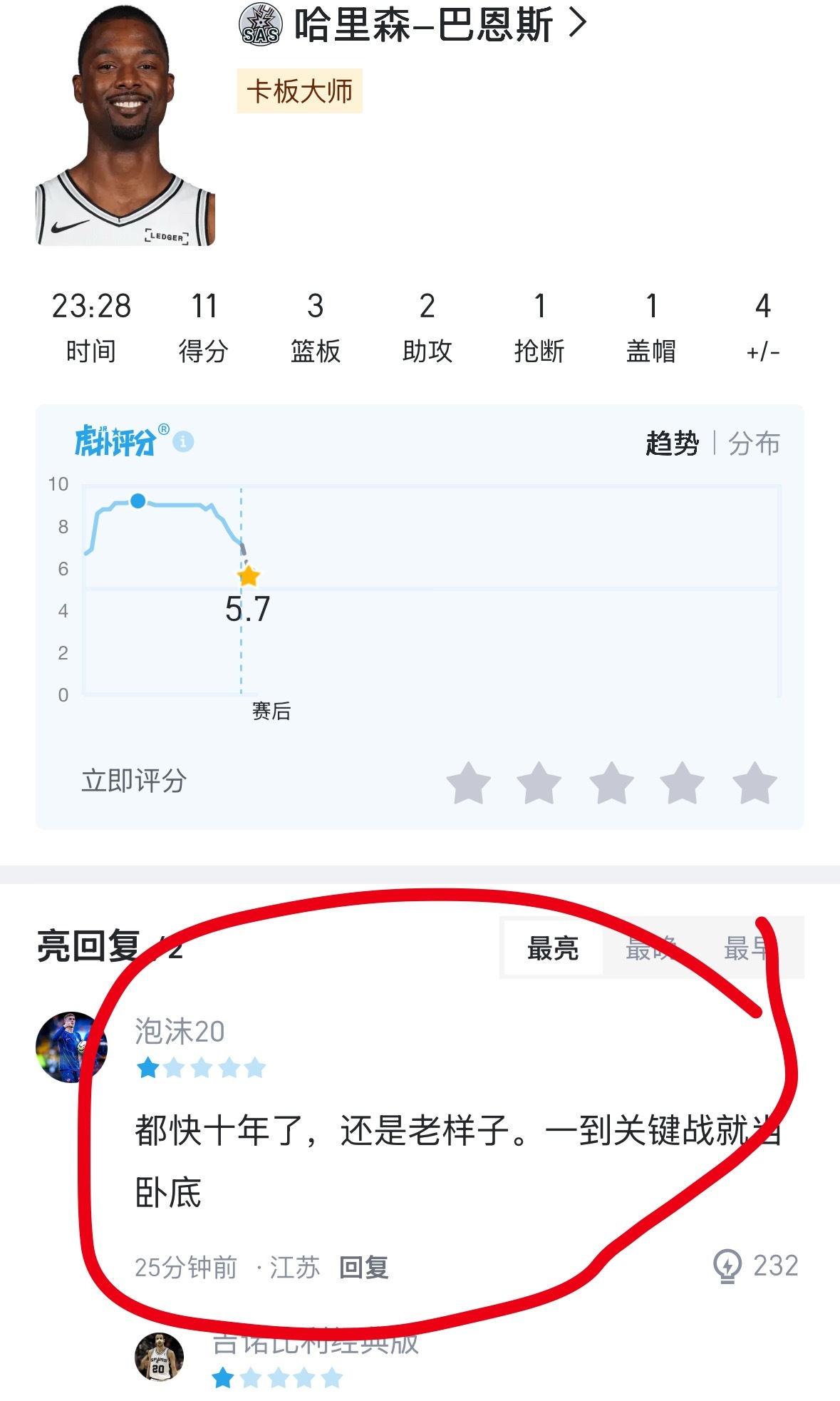 死去的记忆巴恩斯这赛季三分球命中率 41%这两场关键战比赛他的三分球结果是12中