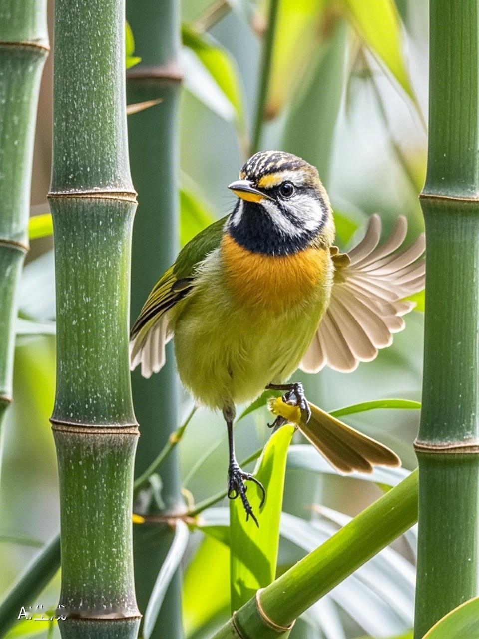 AI妙生图翠竹临风听鸟语。