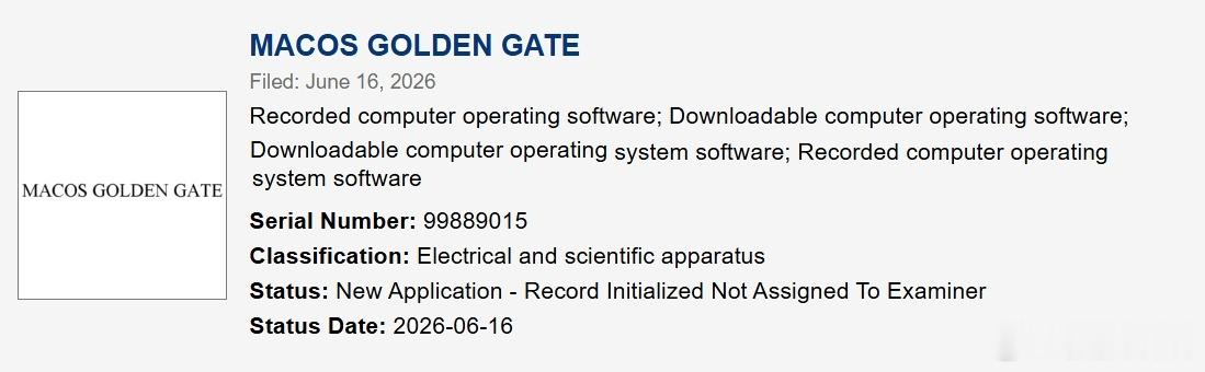 上周Apple提交macOS Golden Gate商标申请，申请编号99889