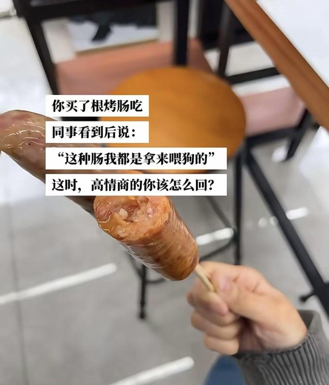 假如你买了根烤肠吃，结果同事看到后说：“这种肠我都是拿来喂狗的。”
那么这时，高