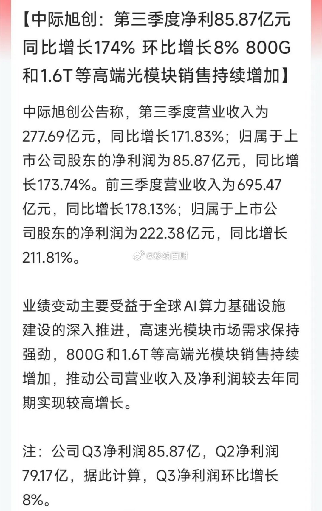 中际旭创出来救市了，Q3净利润同比增长173%，环比增长8%！这个业绩应该算非常