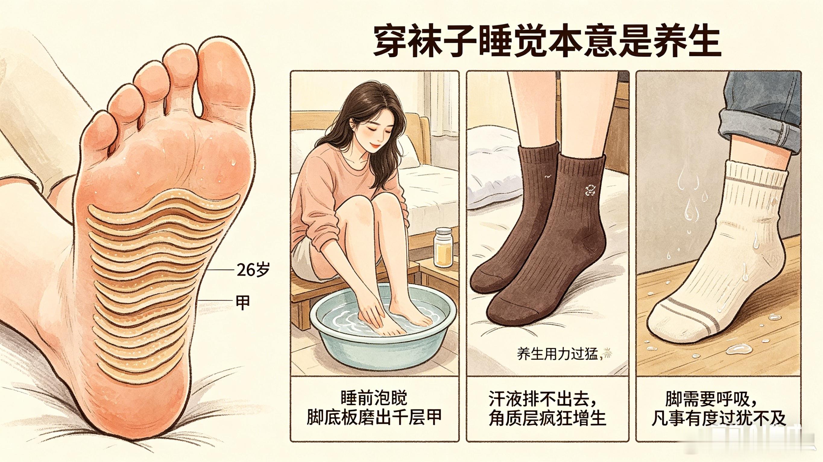 26岁女子穿袜子睡觉睡出千层甲穿袜子睡觉，本意是养生，结果养出了"千层甲"。这位