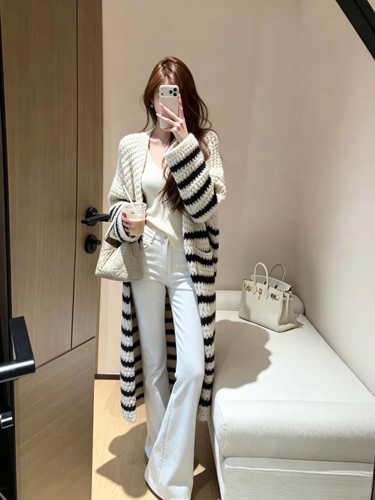 松弛感氛围感穿搭 韩系气质条纹开衫 早秋条纹开衫 慵懒风条纹长袖 韩系穿搭别给风