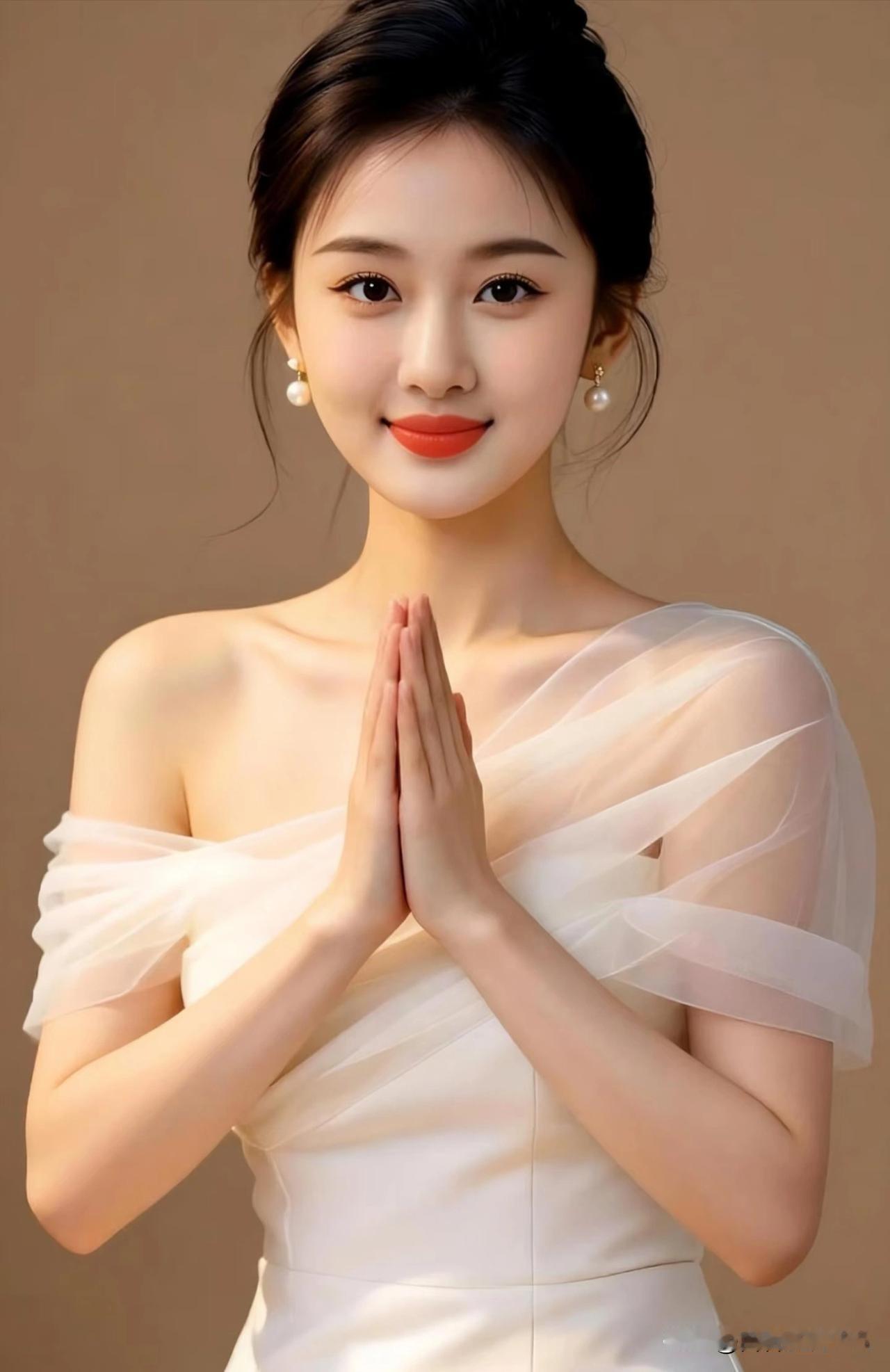 如梦令·素袂清颜
 
云纱轻笼芳肩，珠珮微衬清妍。
素手合十处，一笑温婉如烟。
