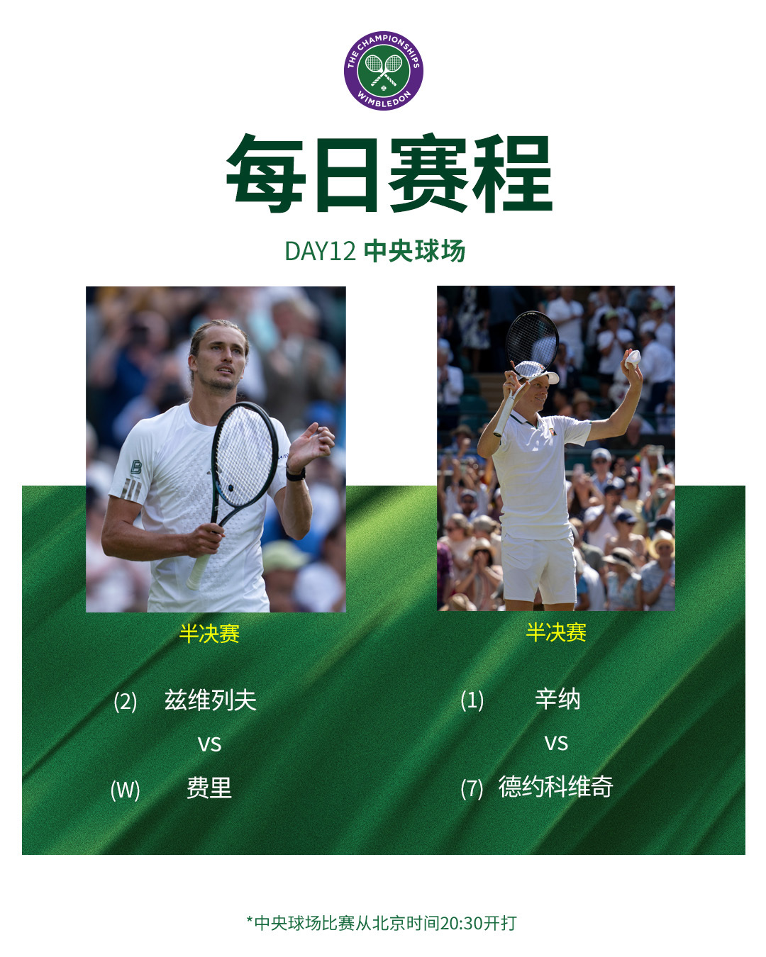 温网2026 第12比赛日赛程🌱🎾辛纳、德约科维奇亮相中央球场，王紫莹、李晓