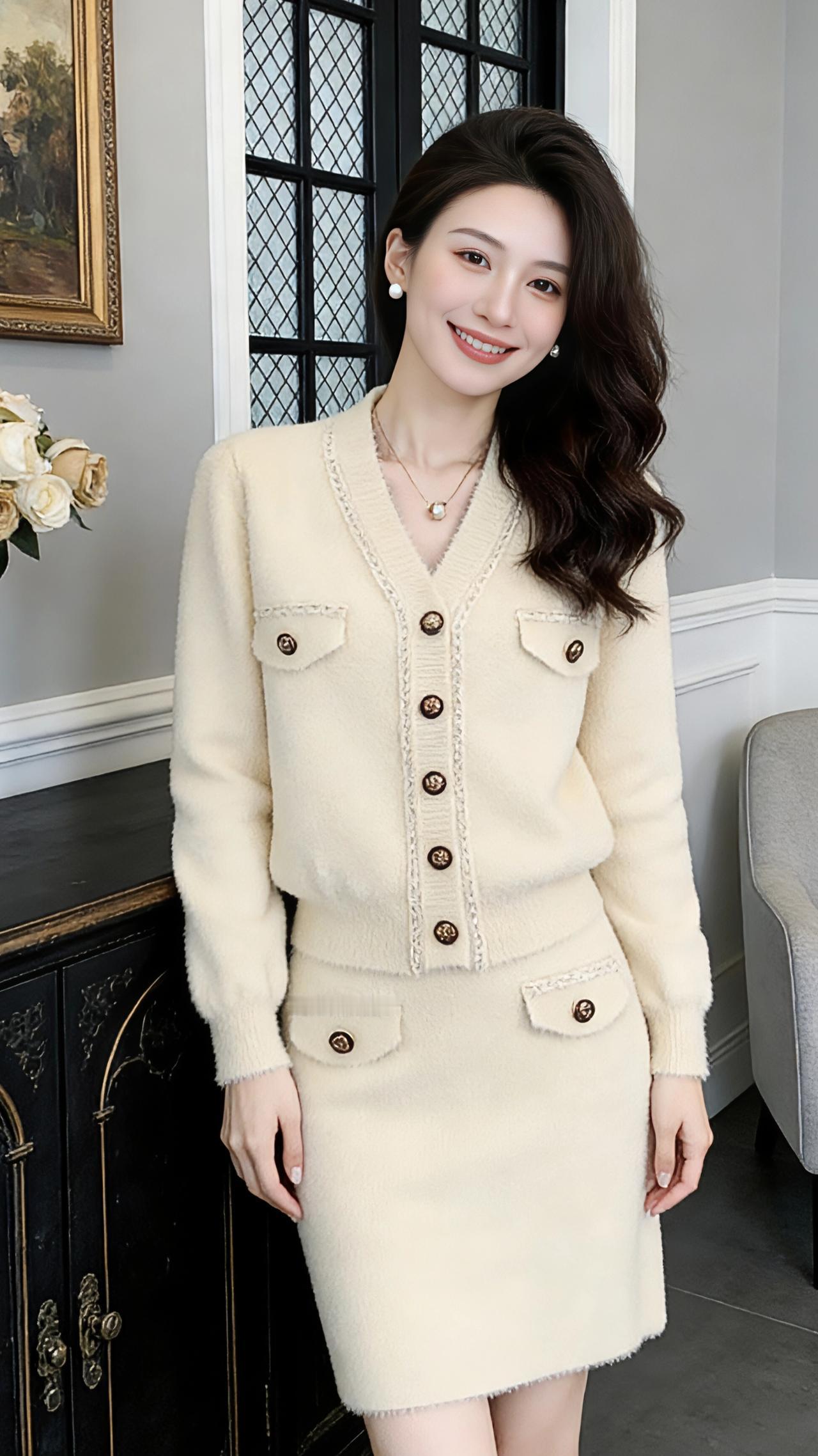 绒光里的温柔序章
 
米白色的绒线像是揉碎了初冬的阳光，织就成这件小香风套装，裹