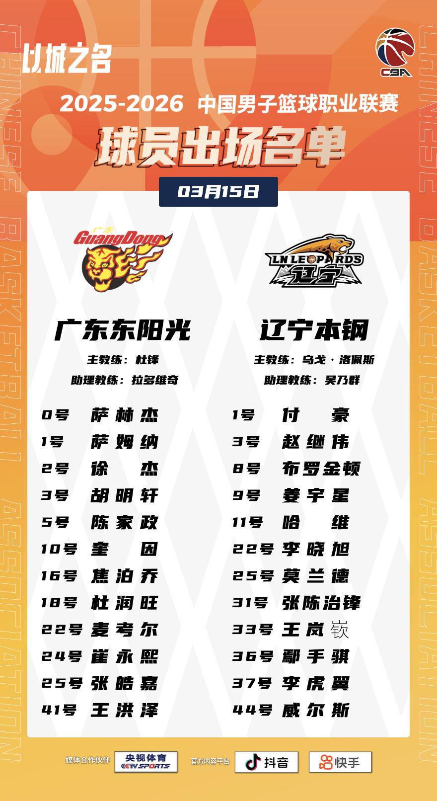 广东大战辽宁的12人大名单出炉，崔永熙出战迎来首秀，王少杰被替换掉。
今天下午，