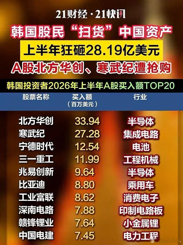 韩国股民狂砸28亿美元扫货中国资产韩国股民A股买入额大增130%2026年上半年