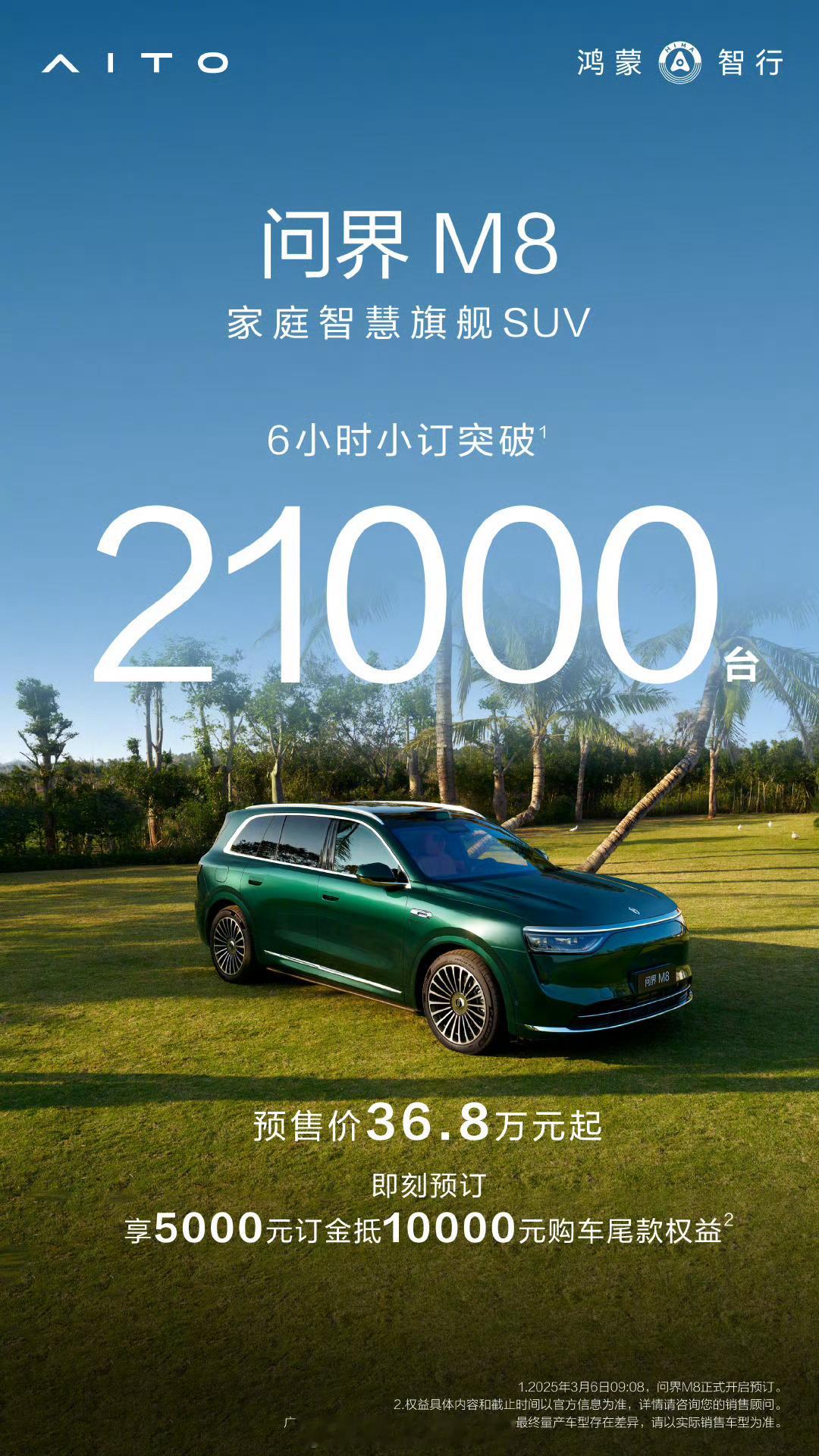 问界M8一小时小订突破7500台，六小时21000台，问界M9一小时小订3800