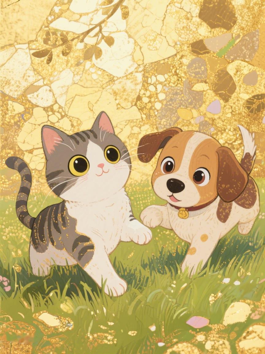 AI妙生图猫咪与小狗在草地嬉闹，好似世间烦恼都被抛却，简单相处，美好自现✨