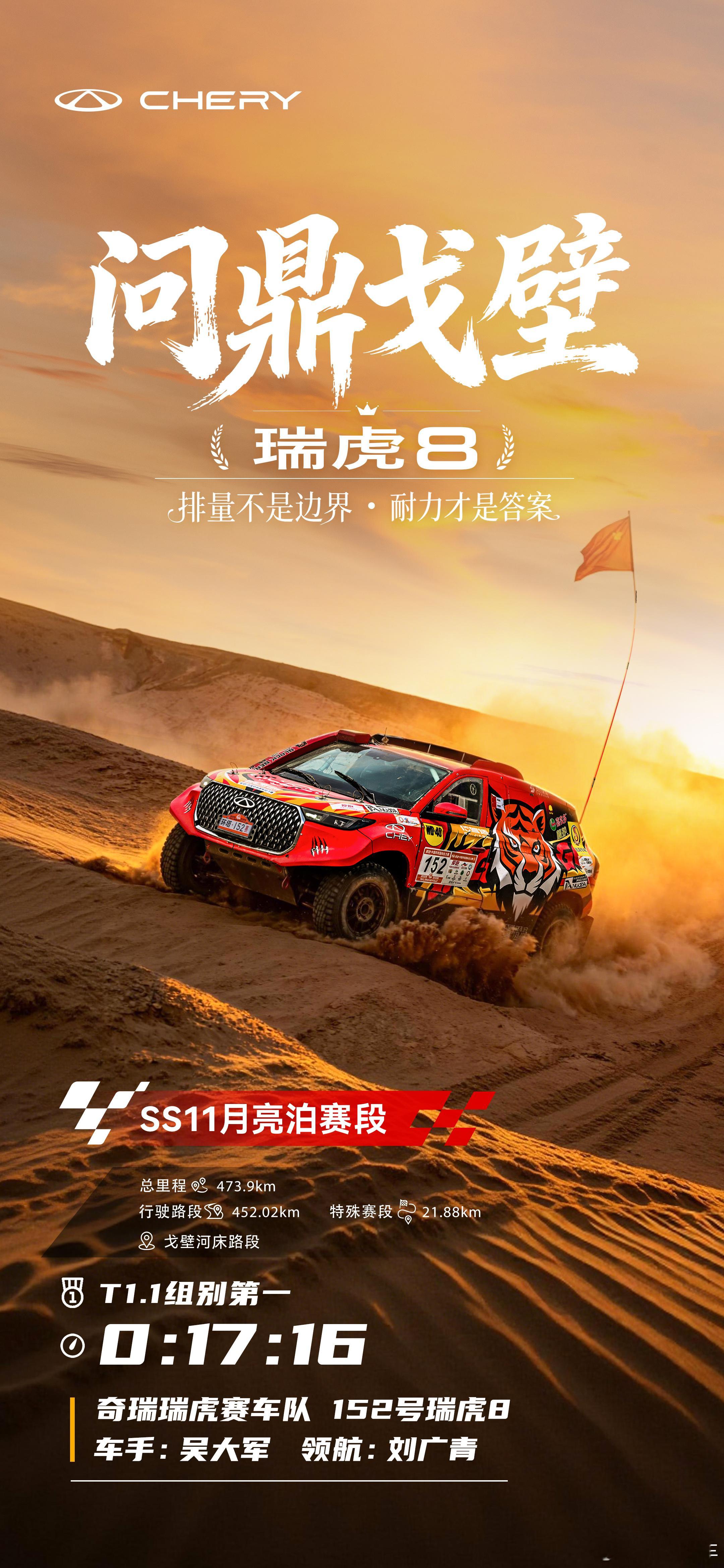 戈壁河床，狂飙夺魁！瑞虎8 原厂中国心SS11赛段勇夺组别头名冠军血统，越战越强