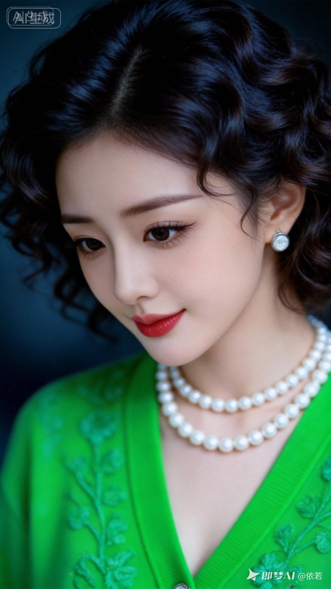 绝色美人肌肤胜雪，侧脸线条绝美。卷发蓬松柔润，颈间珍珠项链环绕，红唇微抿轻垂首。