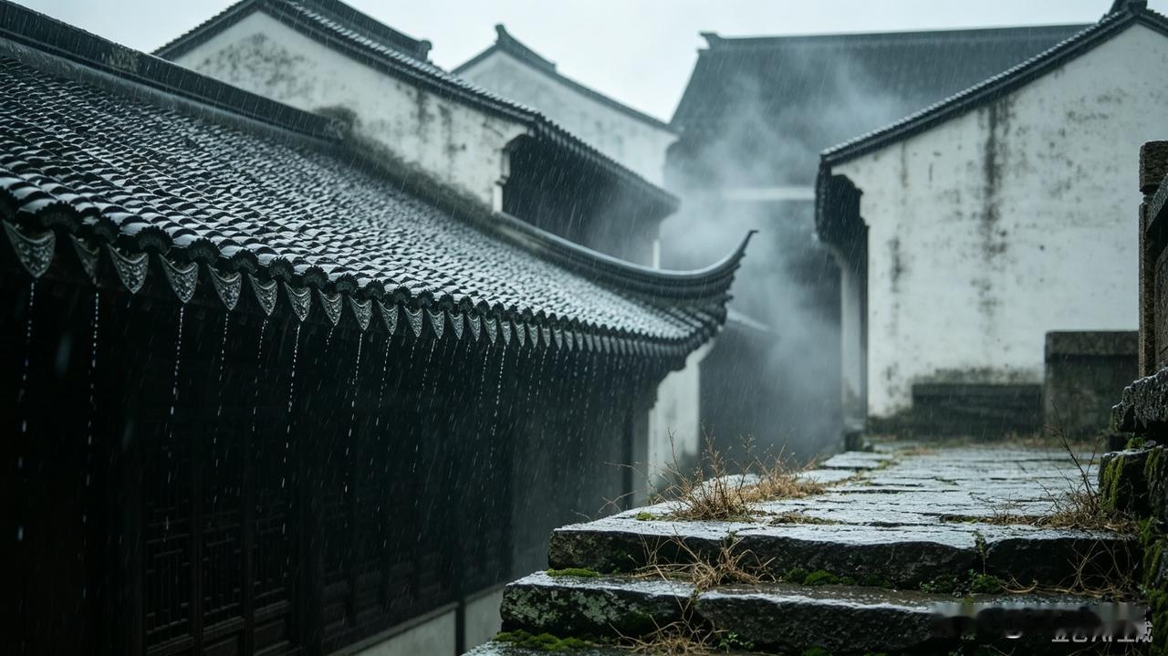 细雨悠悠敲旧瓦，
凉风瑟瑟扫荒阶。

老屋旧瓦，雨落有声；凉风拂过荒芜石阶，岁月