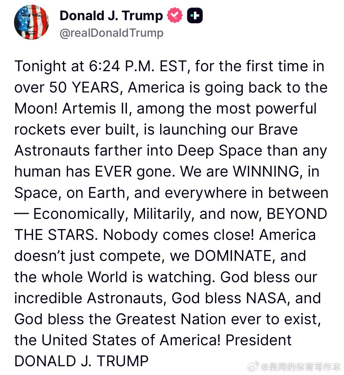 【黄金时代】川普宣布美国重返月球今晚美国东部时间下午6点24分，50多年来，美国