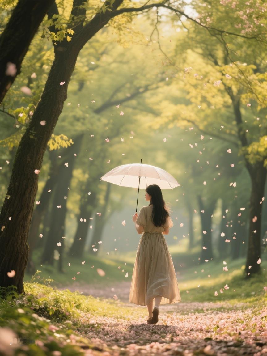 AI妙生图在飘落的花瓣雨中漫步林间小径，每片花瓣，都是时光赠予的诗意呢喃🎈