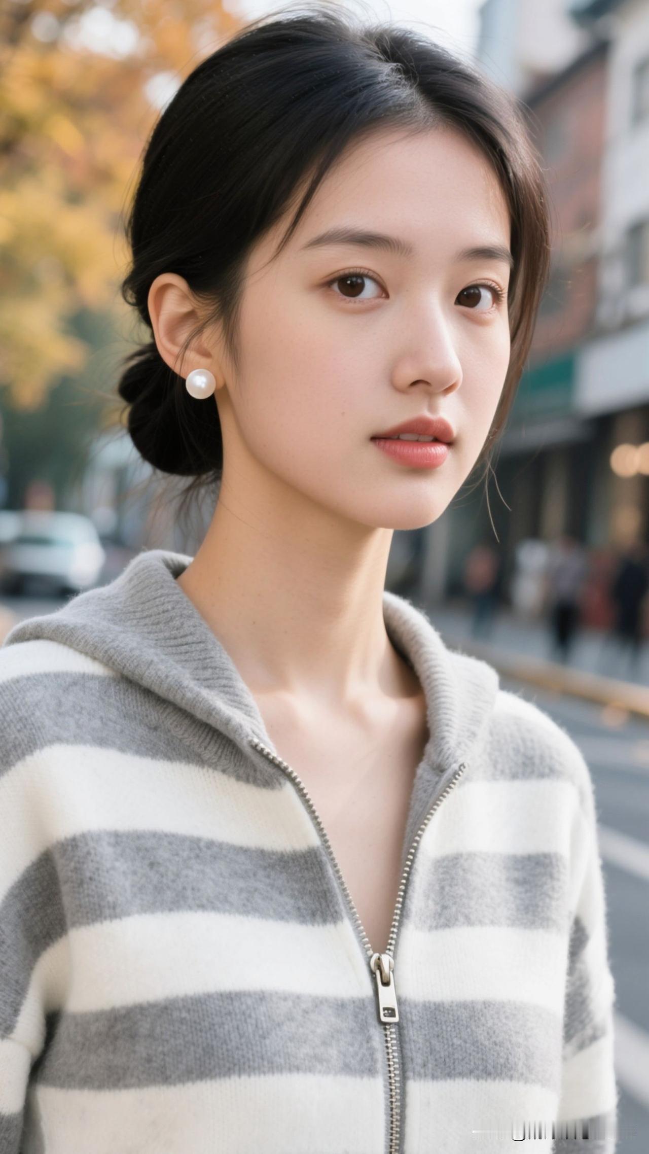 暖调街景为幕，条纹衫是裁下的云，珍珠是凝住的星，她立在那里，就成了秋日浪漫的具象