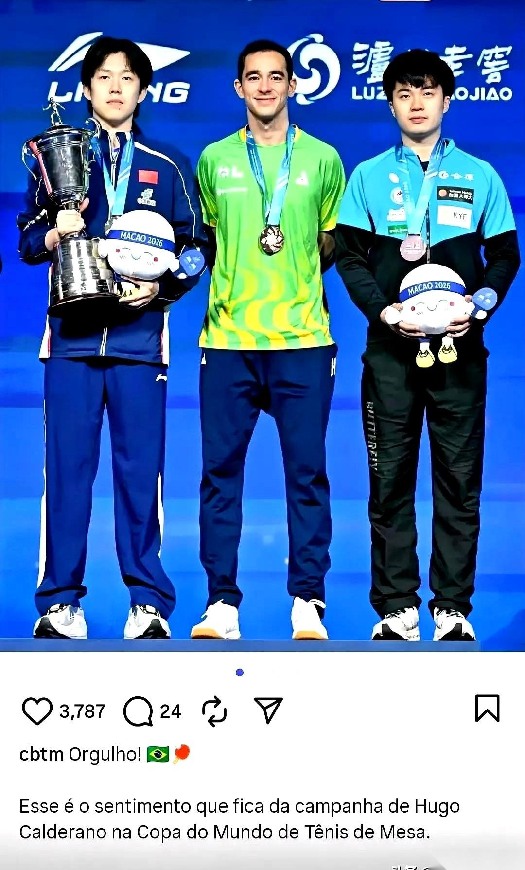 巴西乒协一张图，把我看愣了。
自家选手雨果·卡尔德拉诺，明明不是冠军，他们大刀一