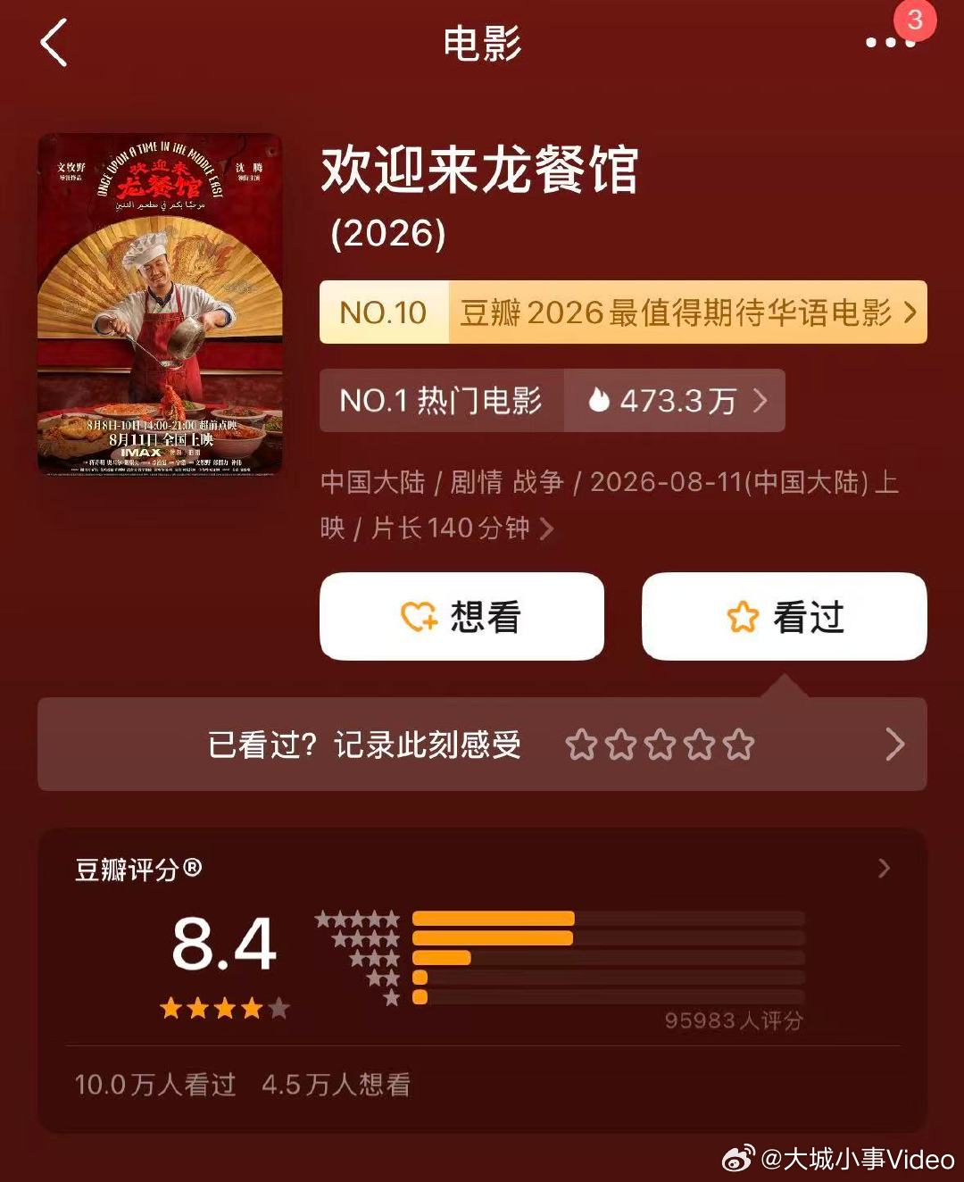 【欢迎来龙餐馆开分8.4】沈腾龙餐馆豆瓣8.4 8月11日，电影《欢迎来龙餐馆》