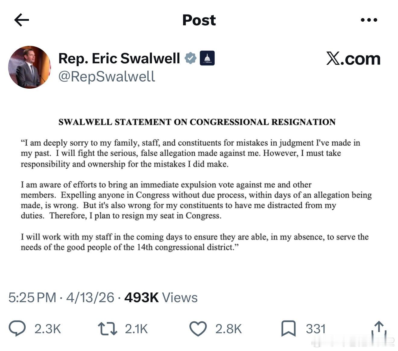 刚刚，Eric SwalWell宣布辞去国会议员，辞职信全文：斯瓦尔韦尔关于国会