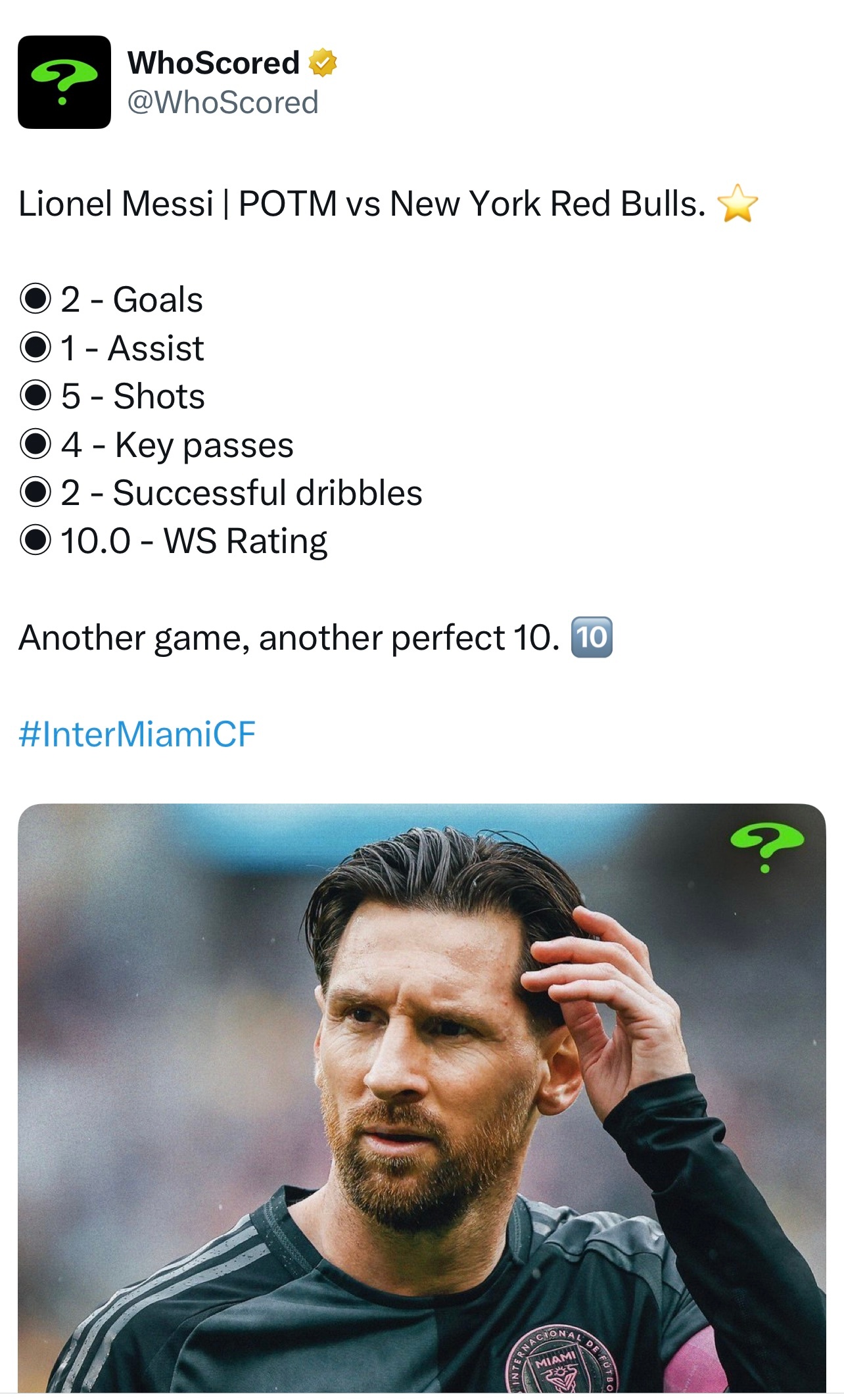 梅西在对阵纽约红牛队的比赛中获得了 WhoScored 的 10/10 评分，这