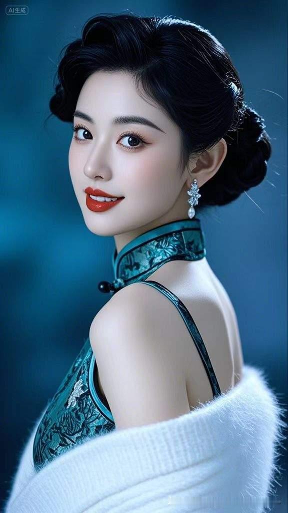 复古风韵，优雅迷人，红唇与蓝裙的完美搭配，尽显东方古典美。