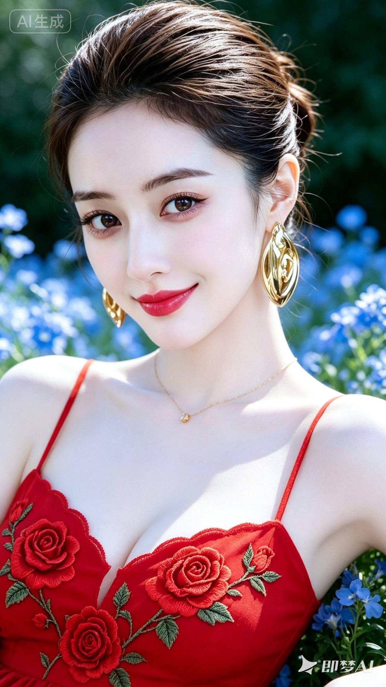 夏日红裙少女，绽放自然之美！🌸💃🌞