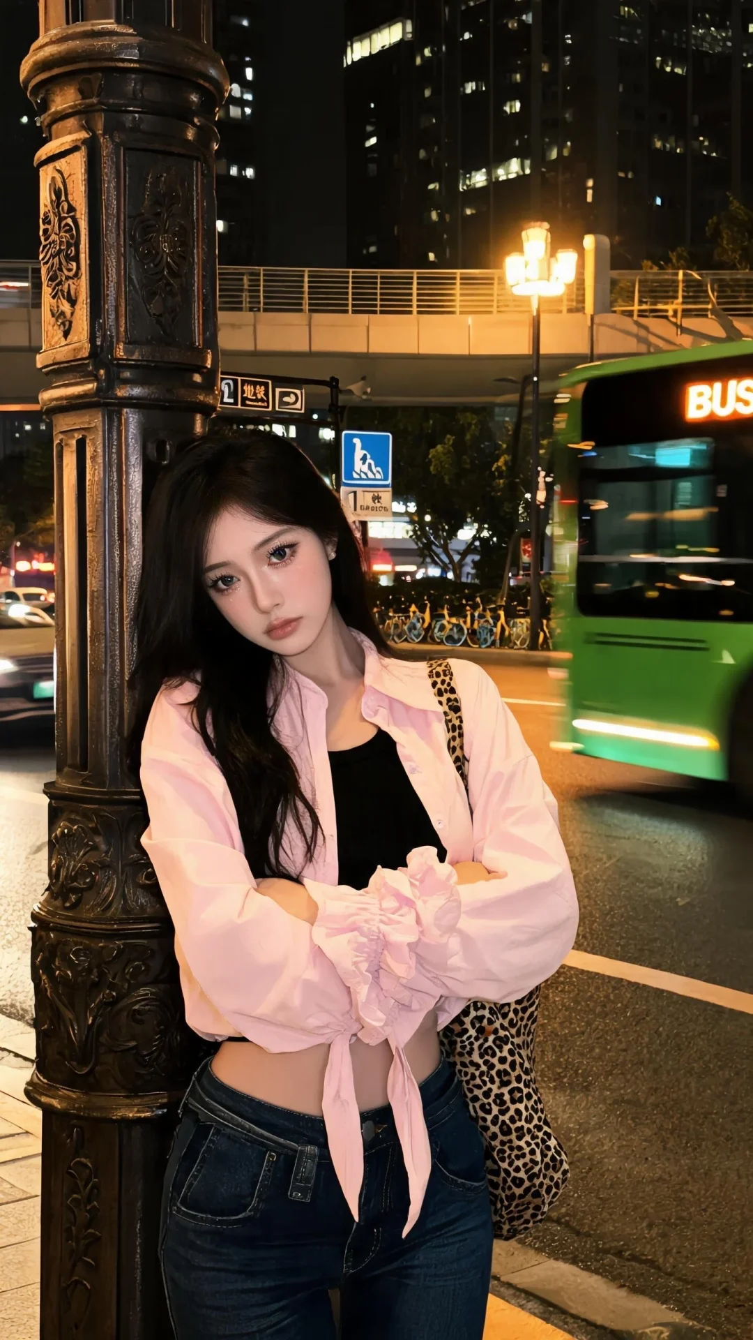 帮我生成图片：图片展示了一位年轻女性在夜晚的城市街头拍摄的照片。五官清...
