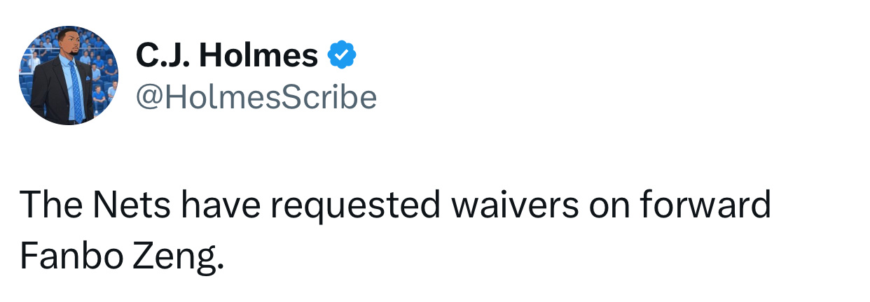 纽约日报记者cjholmes：篮网队已裁掉前锋曾凡博。nba ​​​