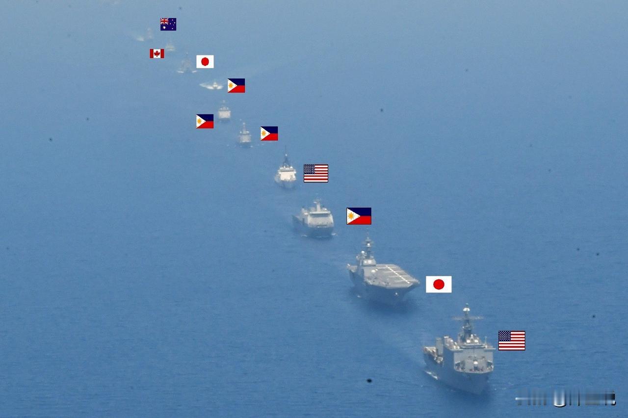 日本自卫队发布了 “肩并肩” 军事演习的现场照片，非常心机的将参演舰艇的国旗标注