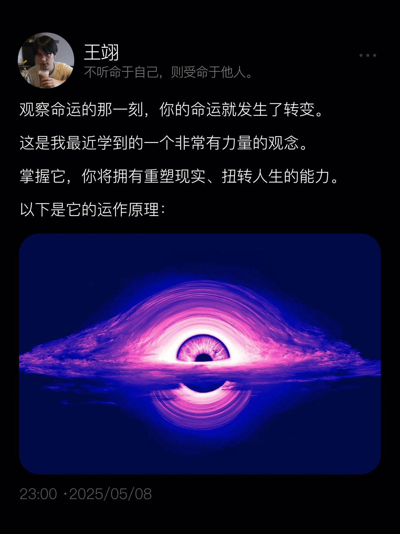 它源自于宇宙本论的核心思维之一：观察者是系统的一部分。意思是，我们并非独立于宇宙