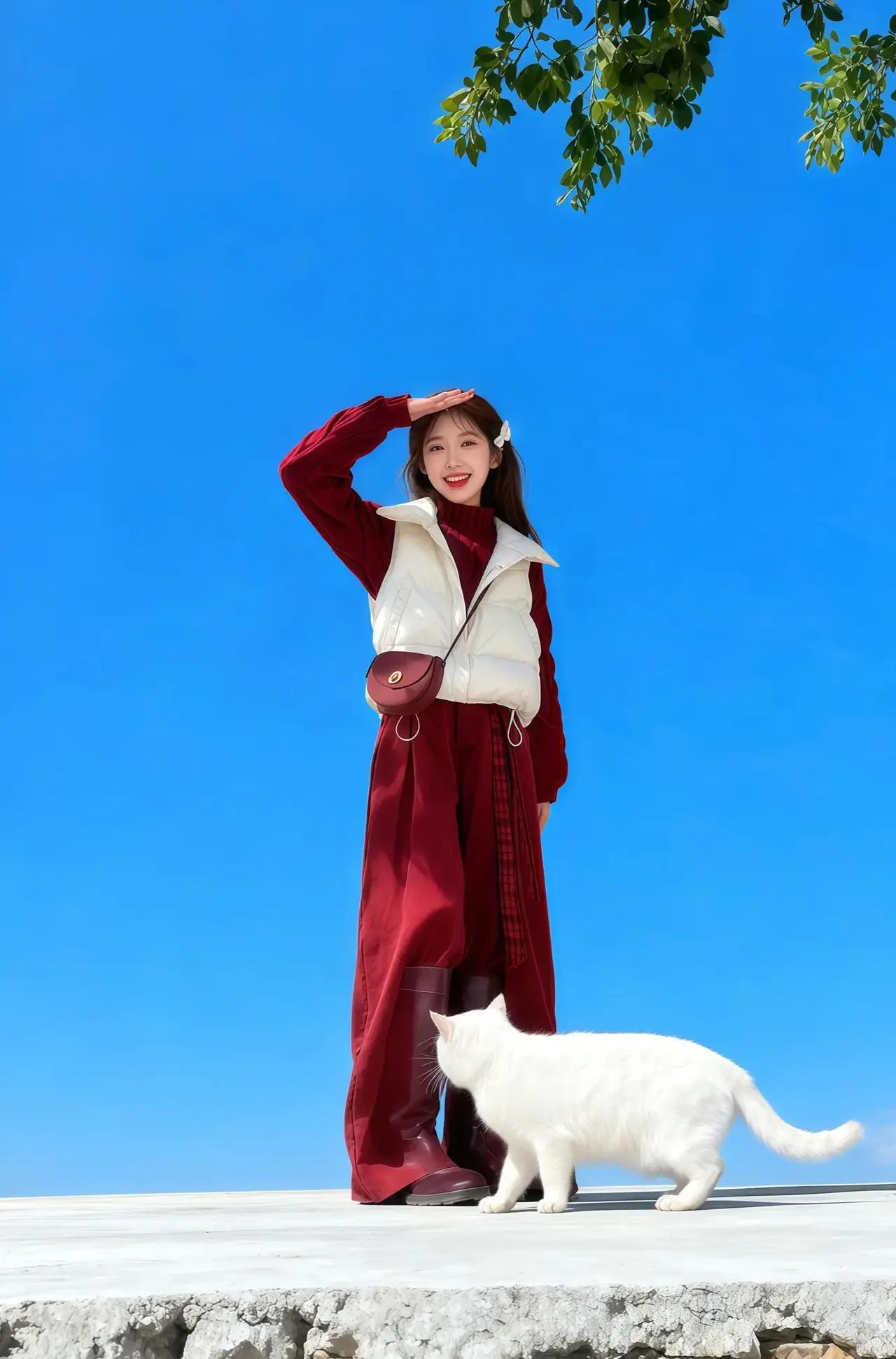 红衣美人倚栏杆，白猫相伴意悠然。