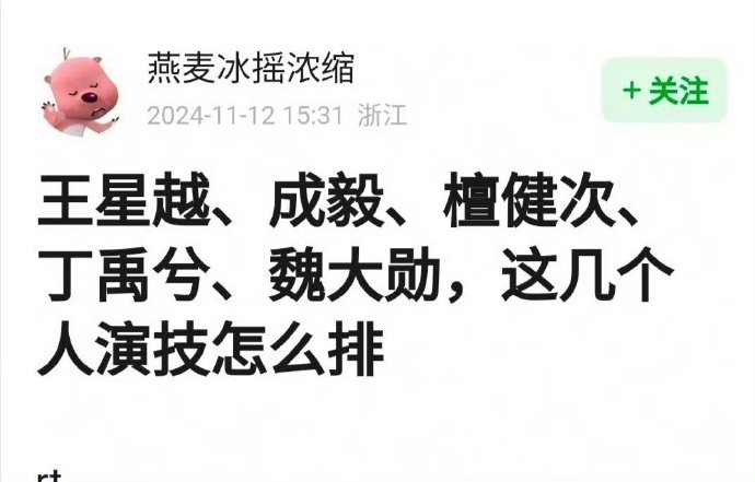 这几个人演技怎么排？ ​👇🏻王星越，成毅，檀健次，丁禹兮，魏大勋 ​​​