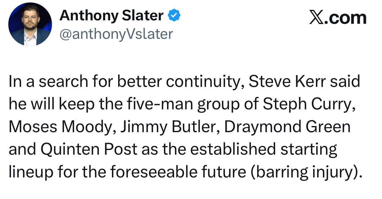 记者斯莱特：为了寻求更好的稳定性，史蒂夫科尔表示，在可预见的未来（除非受伤），他