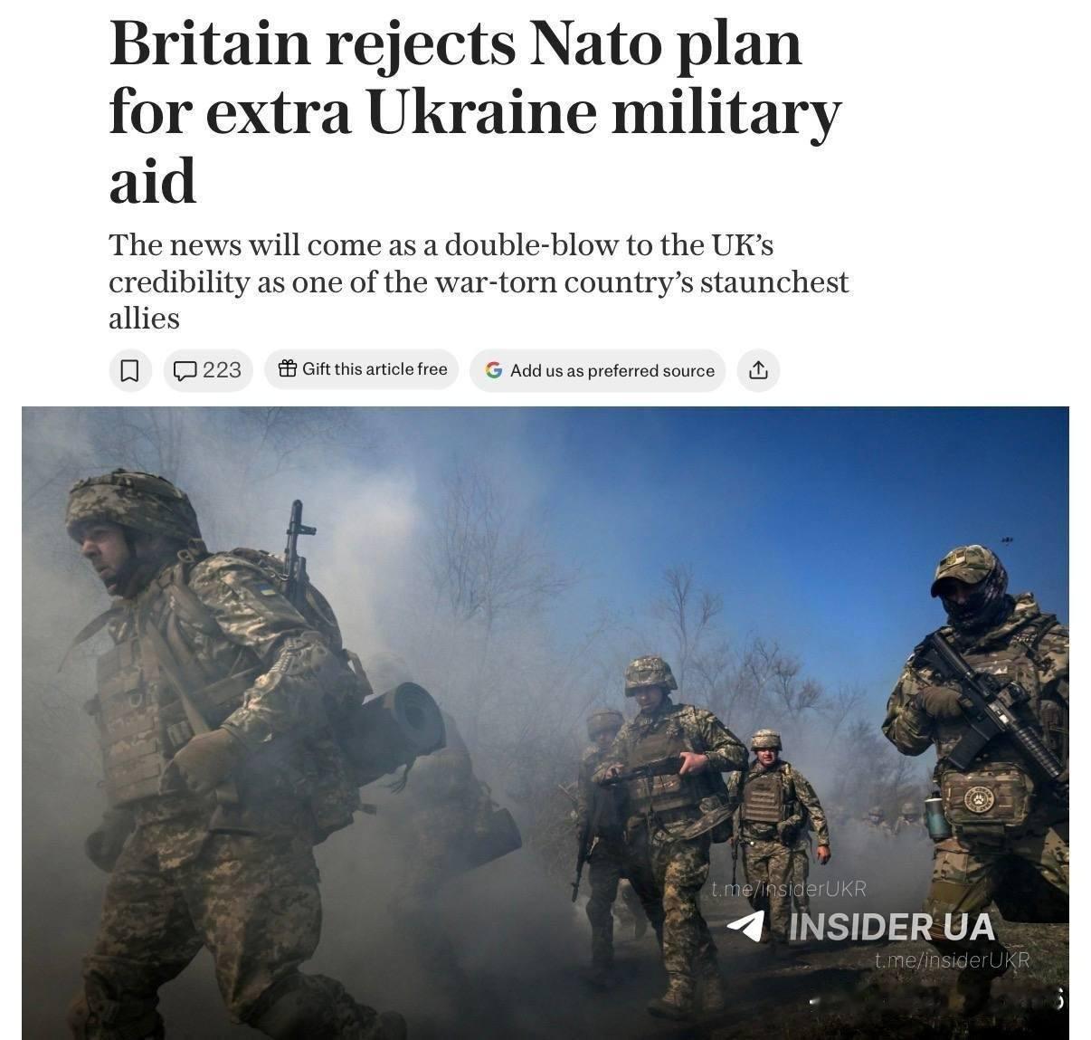 ⚡️🚫🇺🇦 英国、法国、西班牙、意大利和加拿大拒绝了北约向乌克兰提供额外军