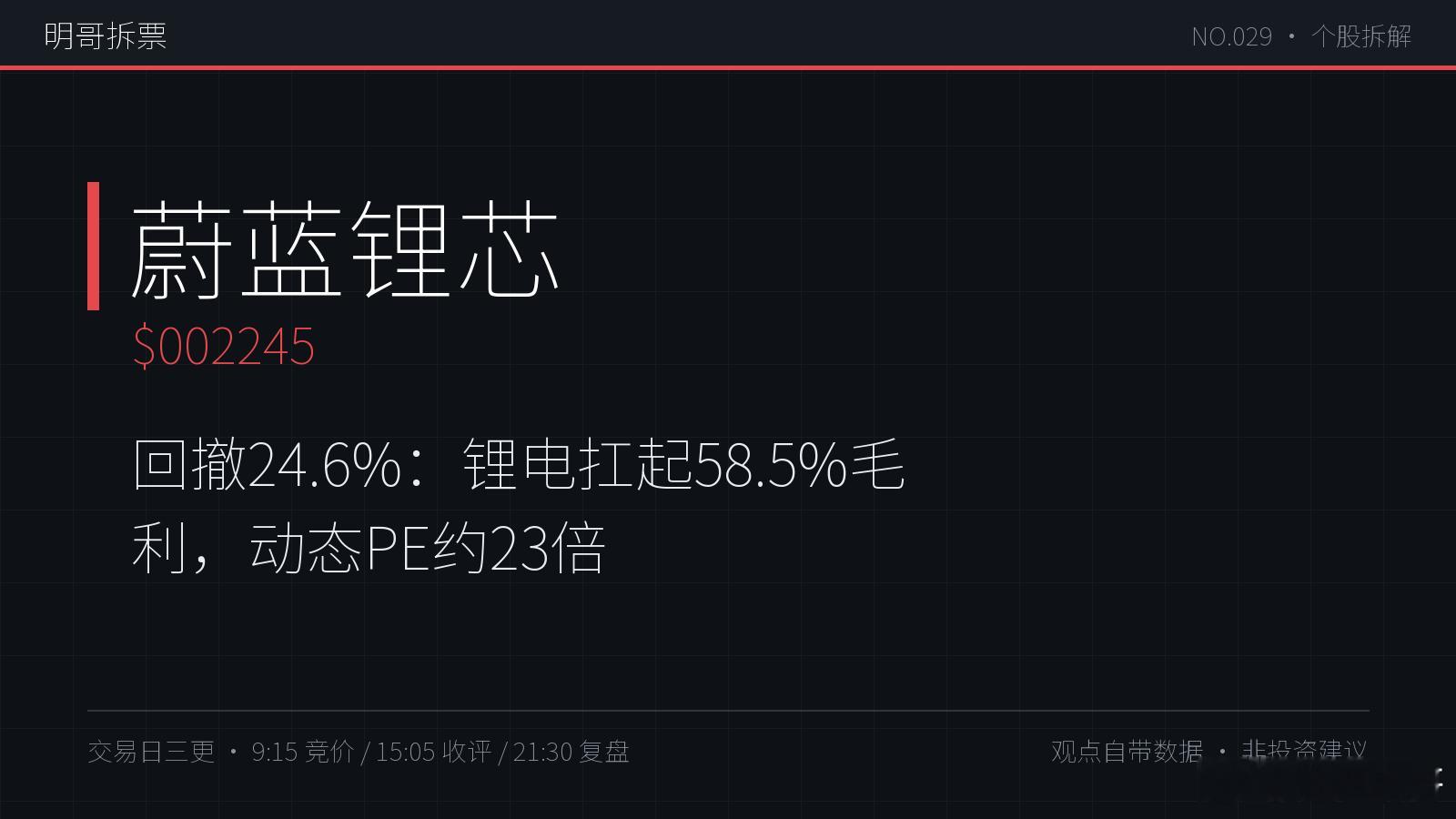 【明哥拆票 NO.029】蔚蓝锂芯：今天收盘 16.86 元，距 7 月高点 2
