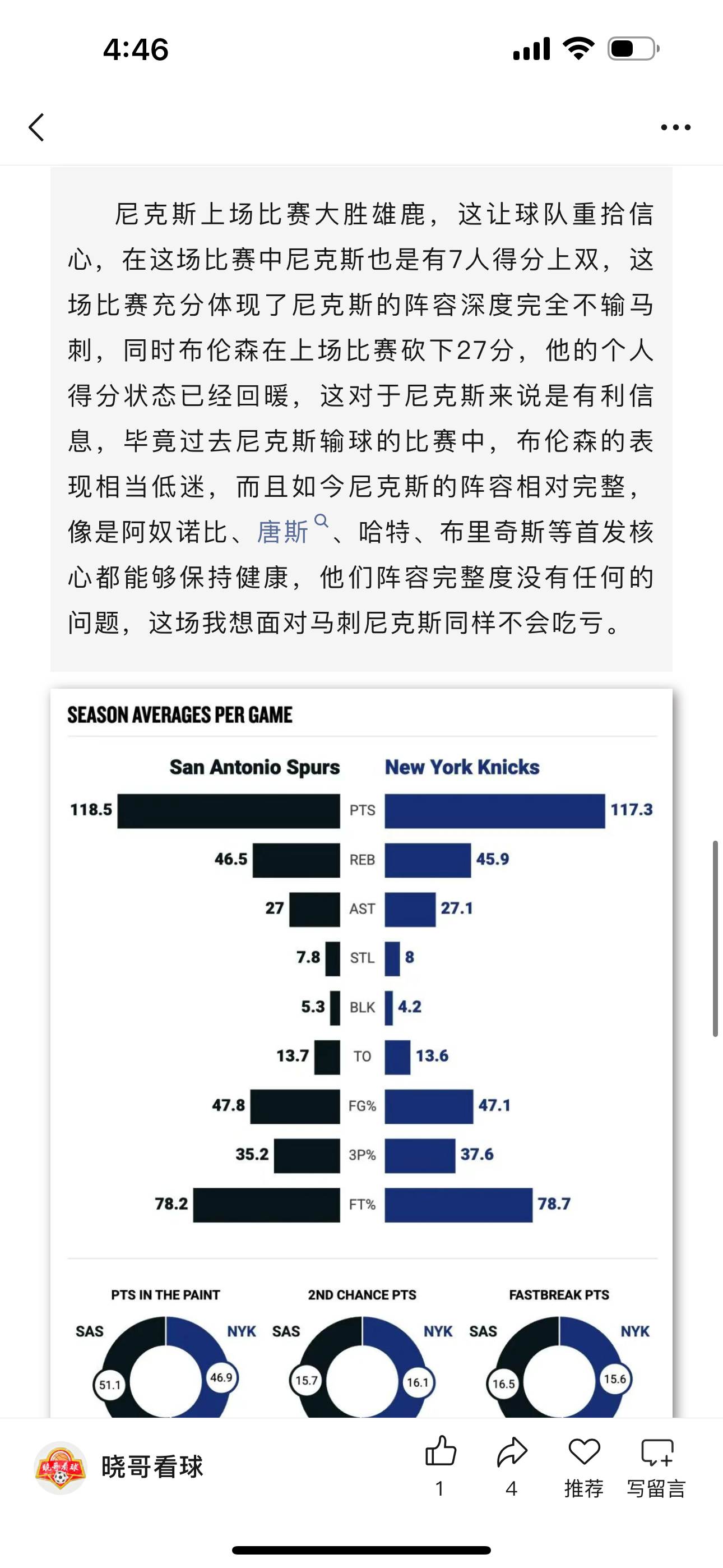 昨日公推篮球尼克斯方向收获好评，这场抓的还是比较漂亮，毕竟马刺有11连胜的状态在
