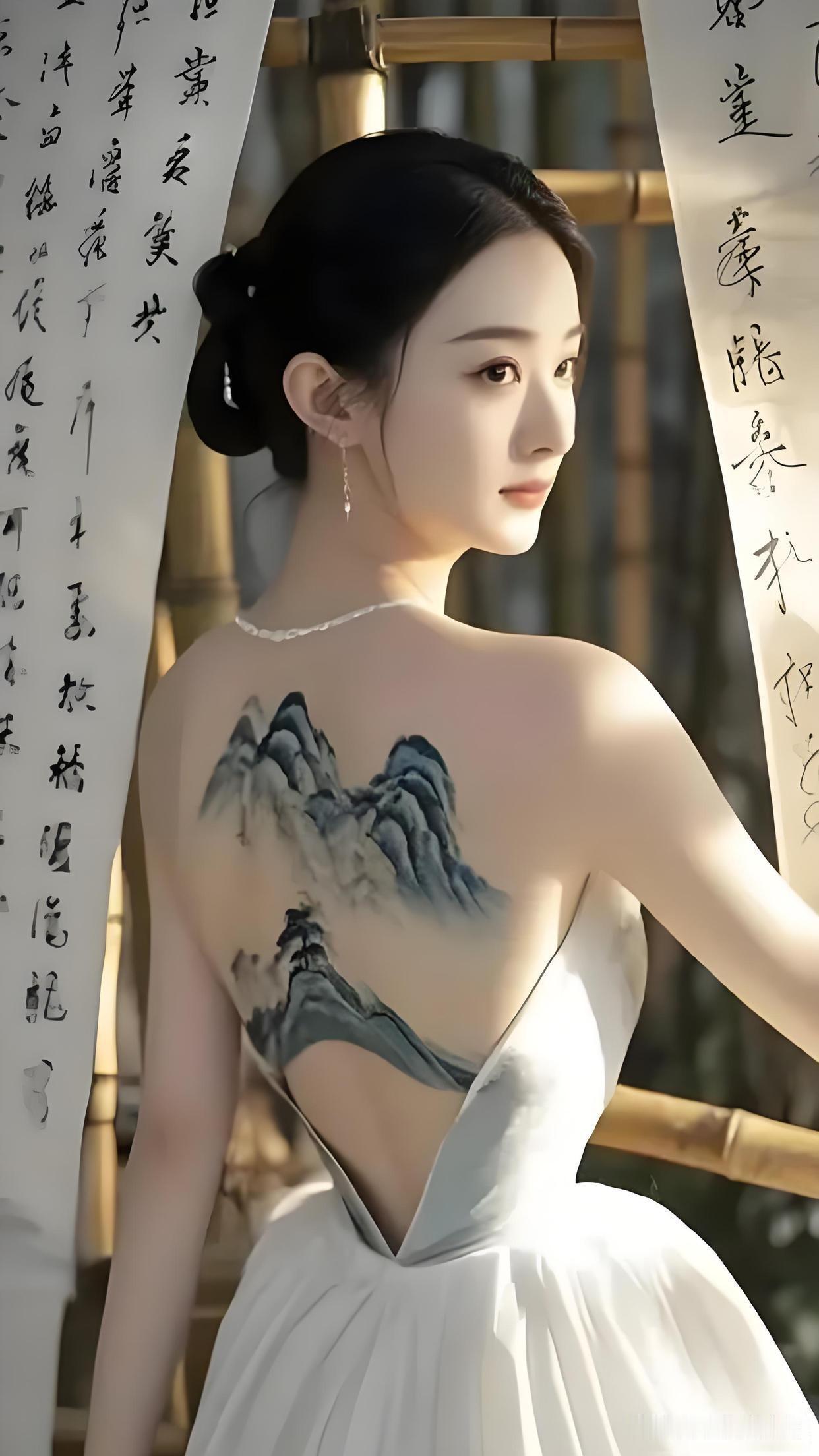 看到这张照片，第一眼是惊艳，第二眼就彻底被女人背后的山水画勾走了魂——实在是太好