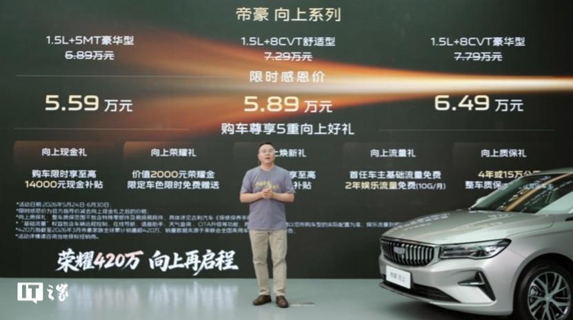 【吉利帝豪向上系列汽车上市：搭载全新 1.5L 直列四缸发动机，限时感恩价 5.